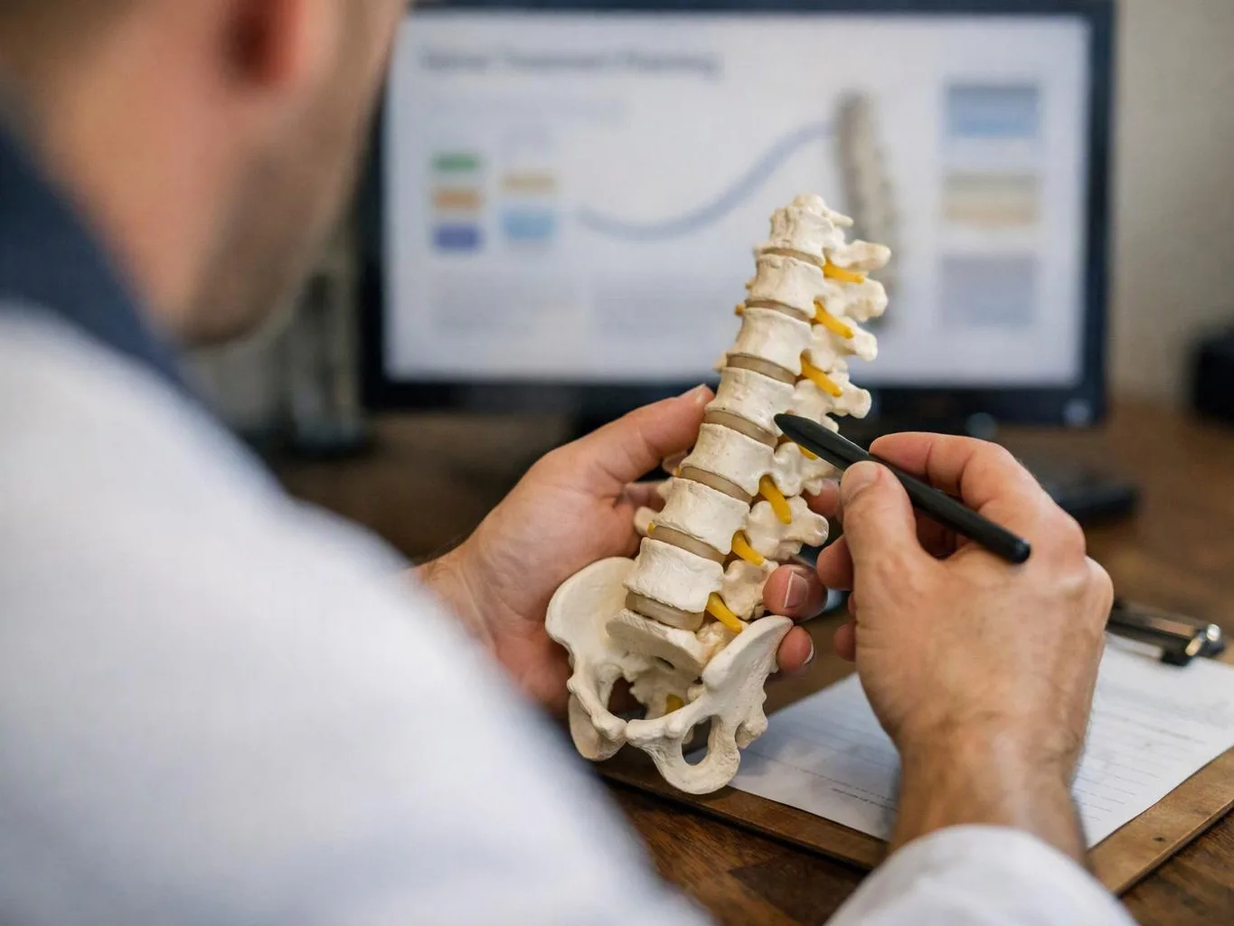A person studies a spine model and points at it with a pen at a desk with a blurred computer screen