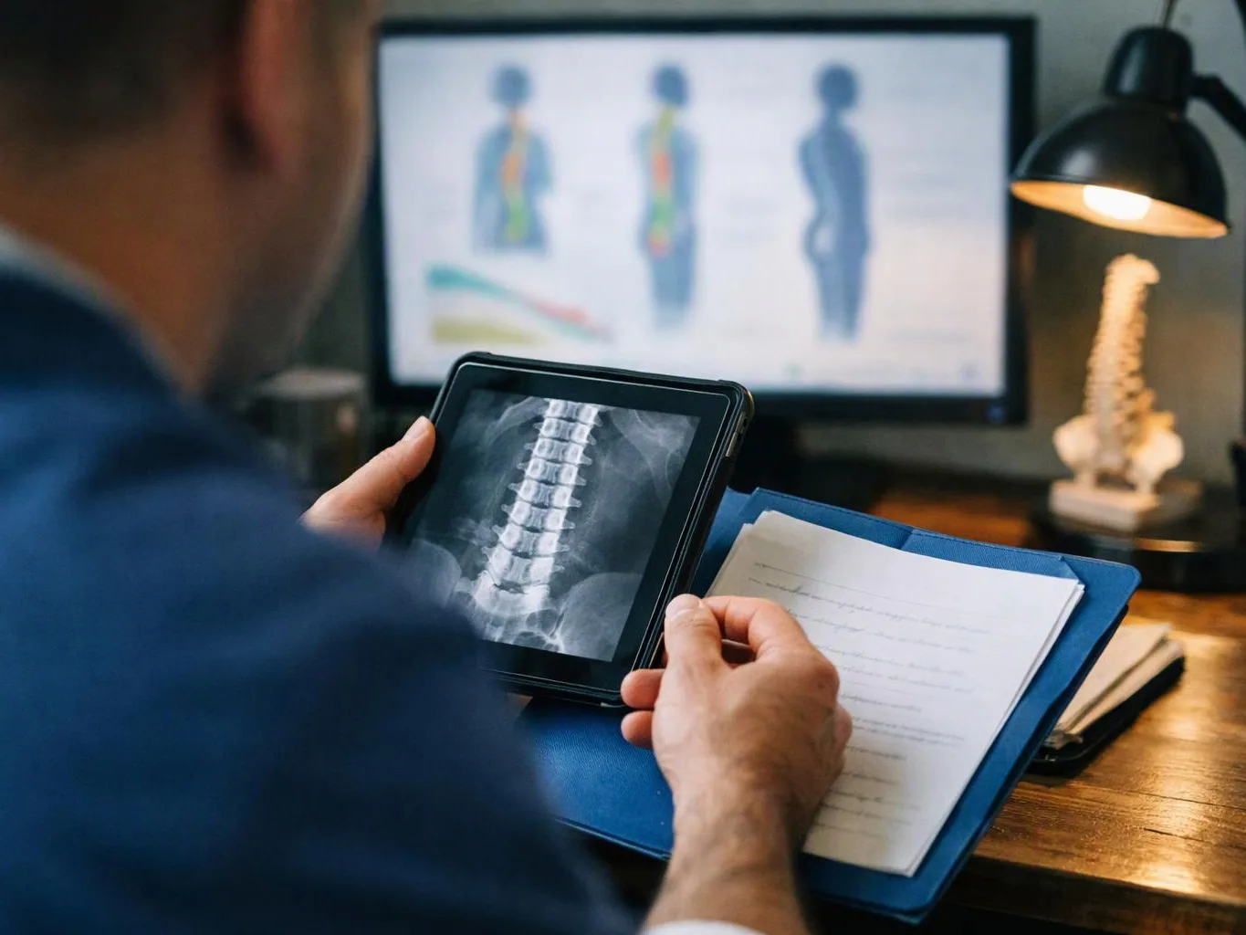 A person studies a spine X-ray on a tablet beside paperwork at a desk with a lamp and monitor
