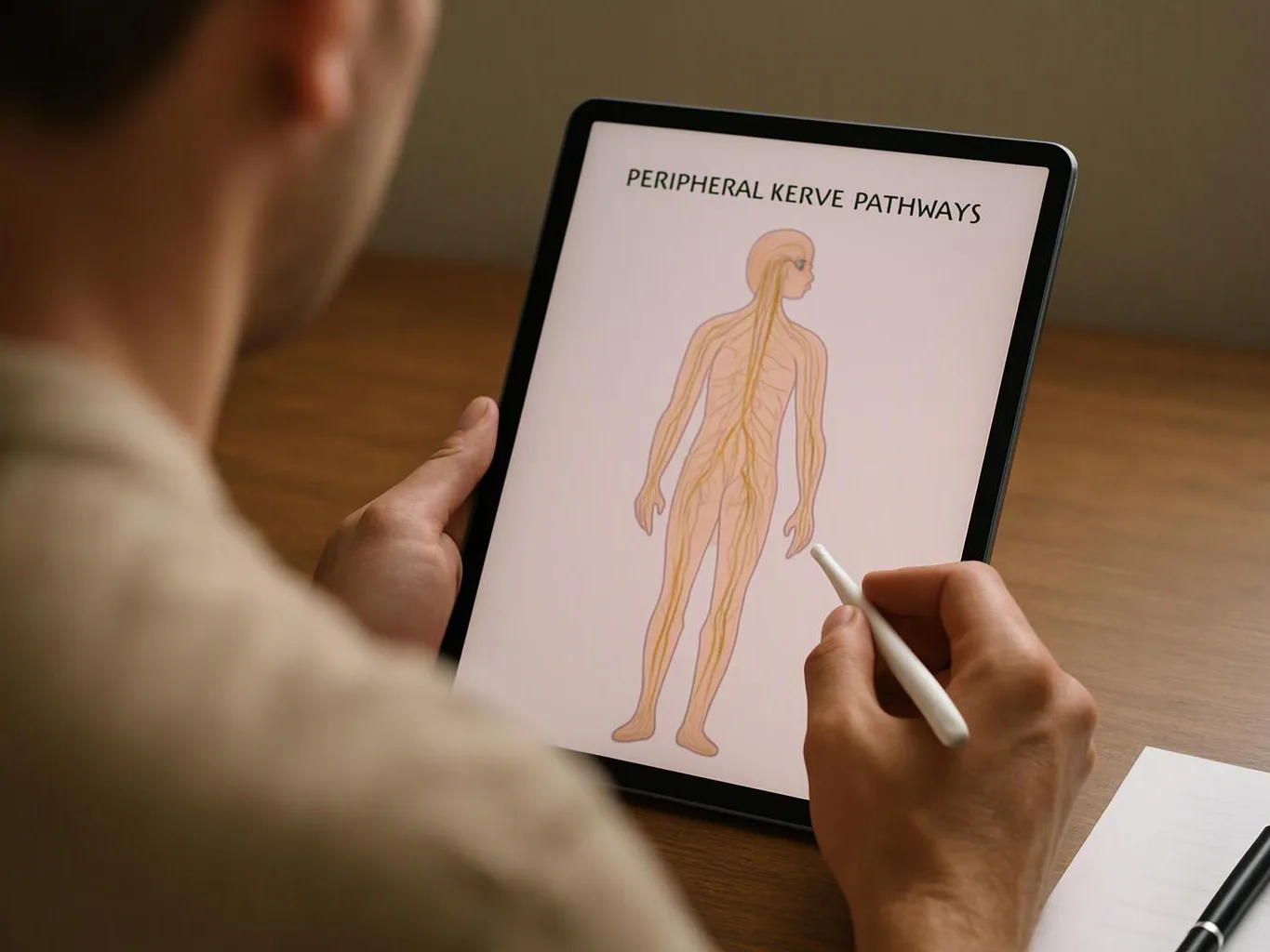A person uses a stylus on a tablet showing a nerve pathway diagram on a wooden desk