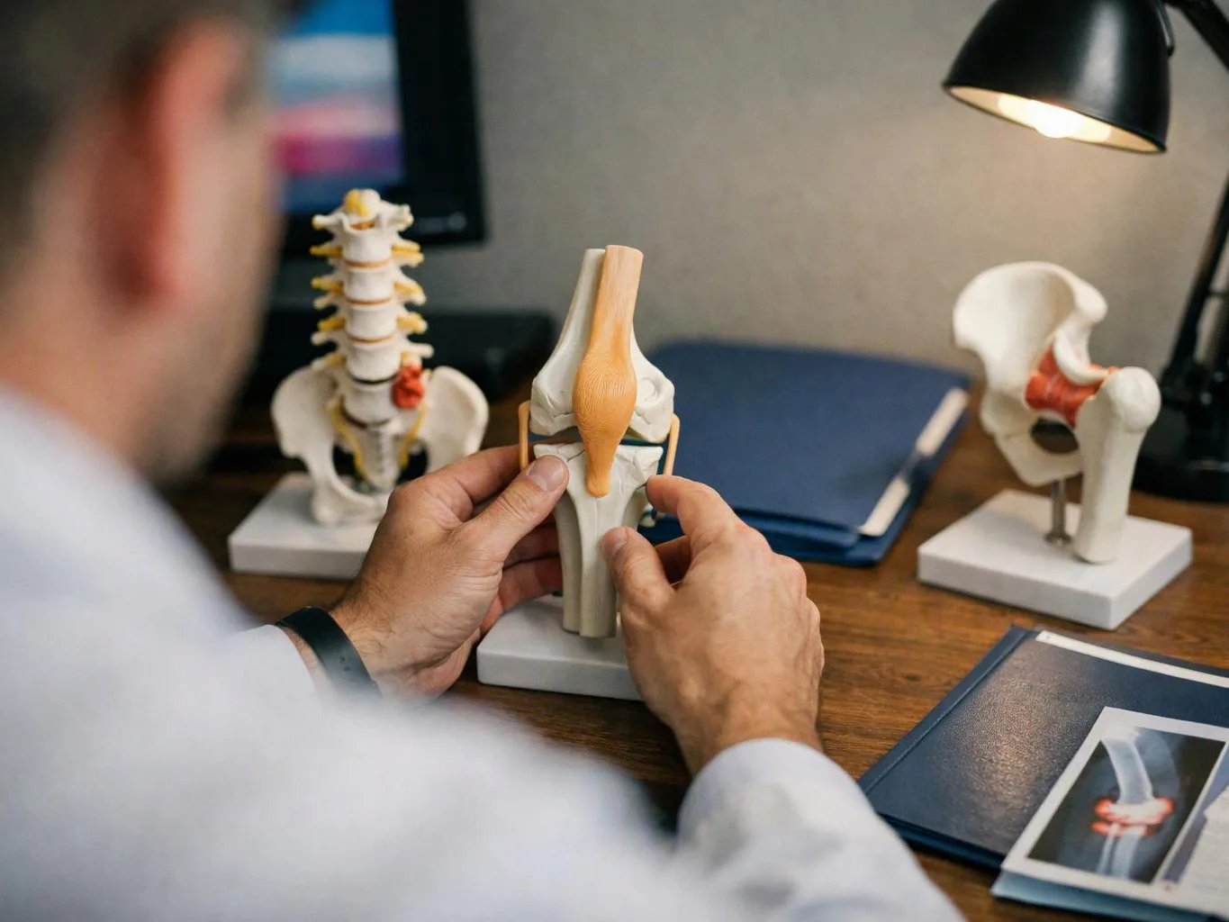 A person in a white coat examines a knee joint model at a desk with other anatomy models and folders