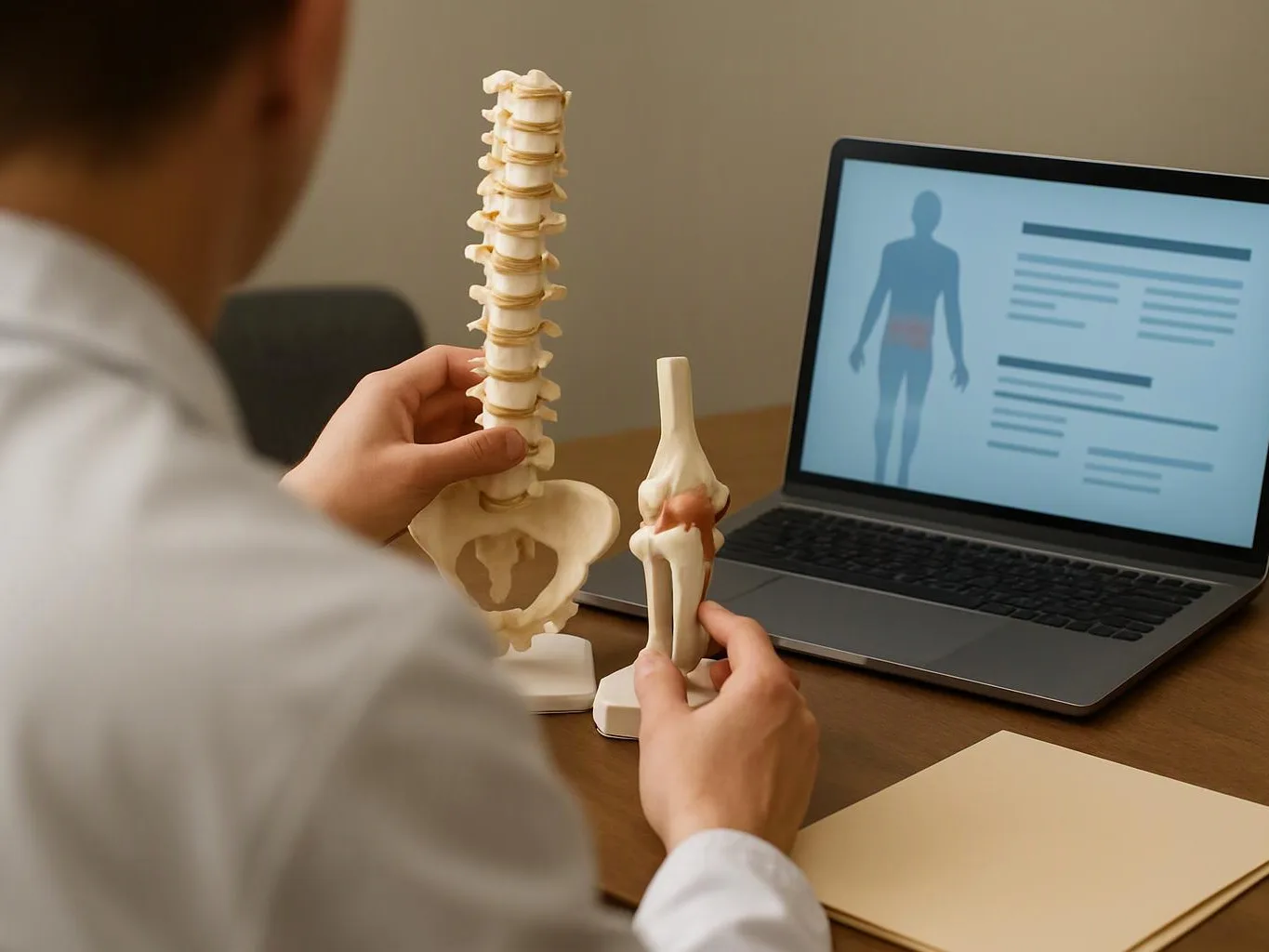 A person in a white coat studies spine and knee models beside a laptop showing a human body diagram