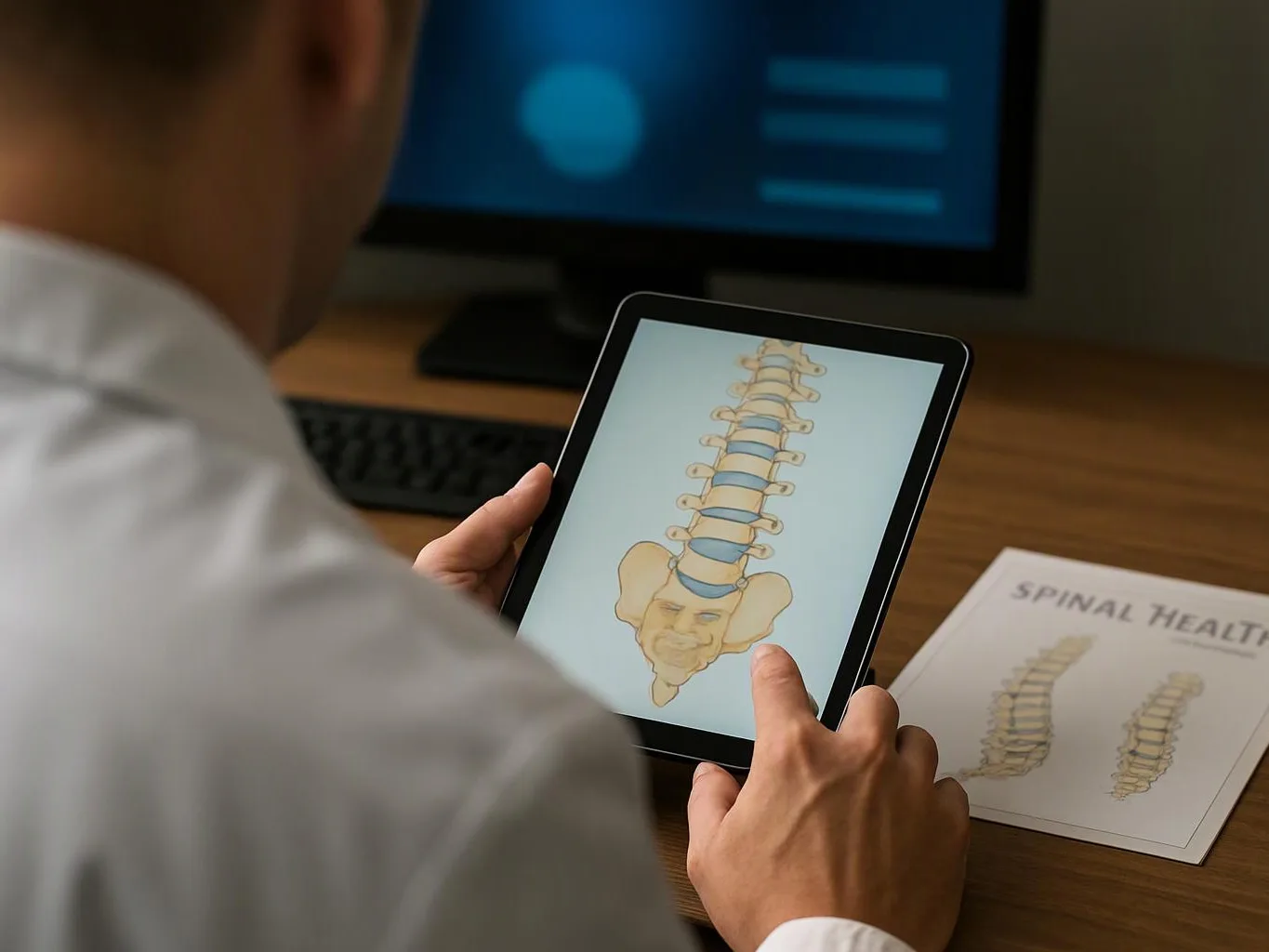 A person in a white shirt holds a tablet showing a spine illustration at a desk with medical papers and a monitor