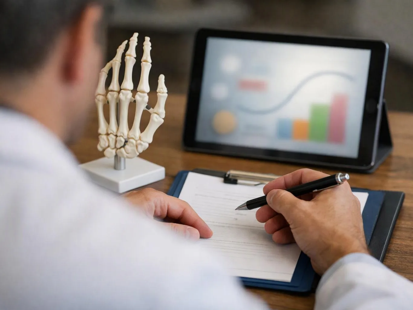 A person writes on a form beside a skeletal hand model and a tablet showing charts