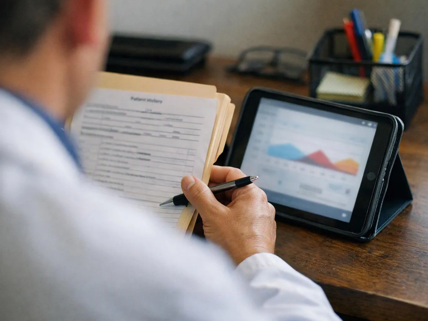 A person writes on a form beside a tablet showing a colorful chart at a desk