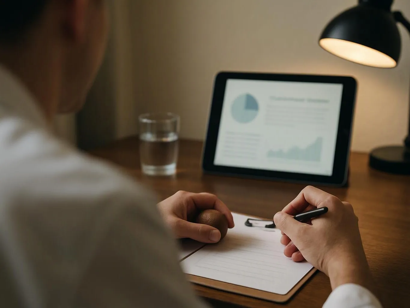 Person writes on a notepad at a desk beside a lit lamp and a tablet showing charts