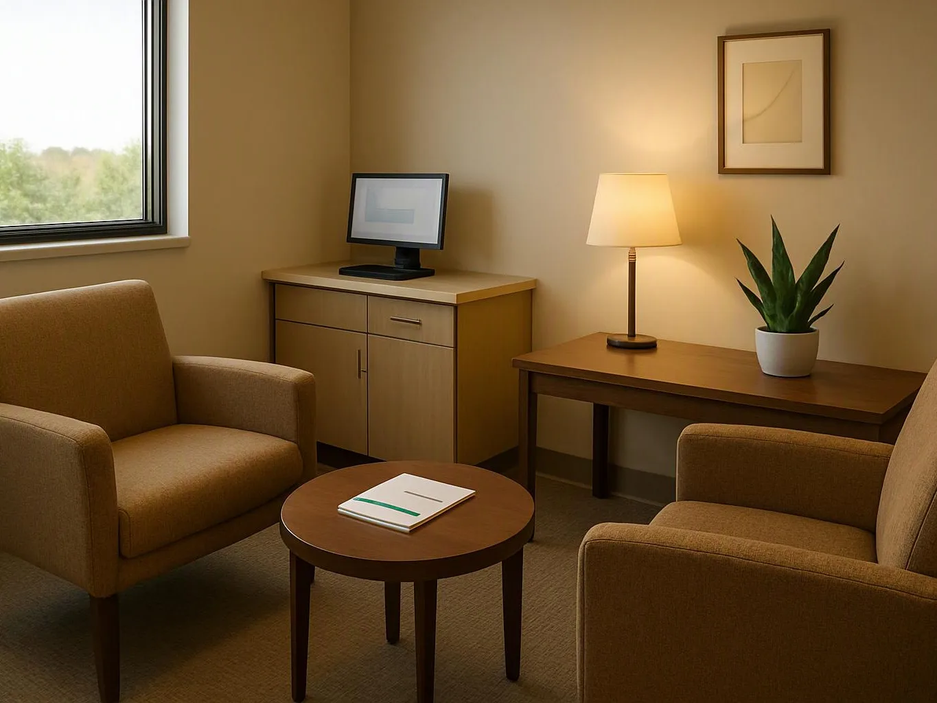 A quiet beige office lounge shows two armchairs, a round table, a lamp, a plant, and a small monitor