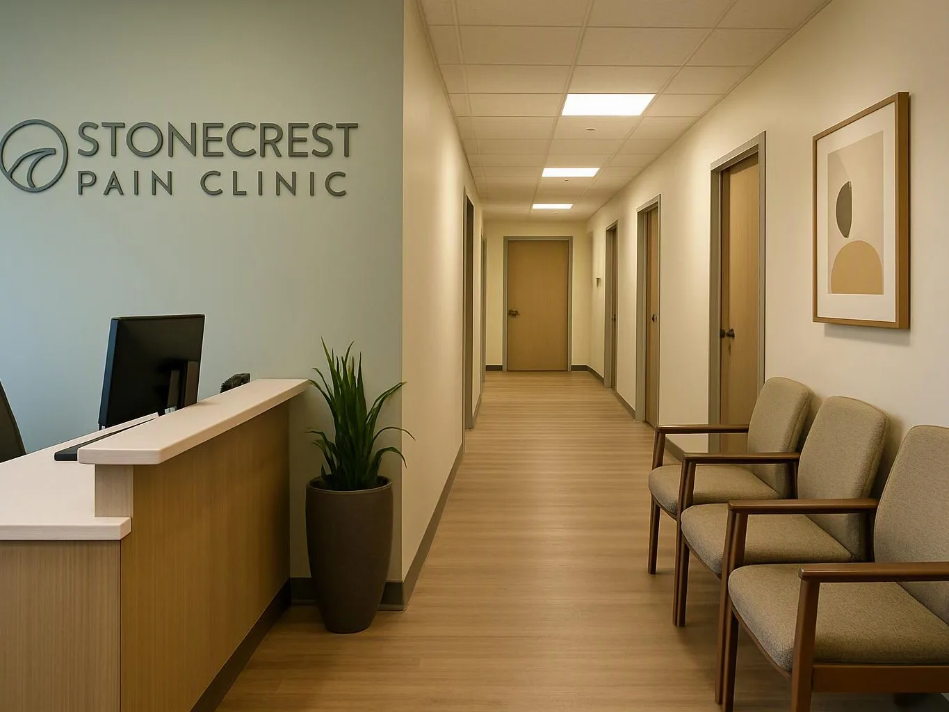 Quiet clinic reception area with a front desk, hallway, chairs, and a wall sign reading “Stonecrest Pain Clinic”