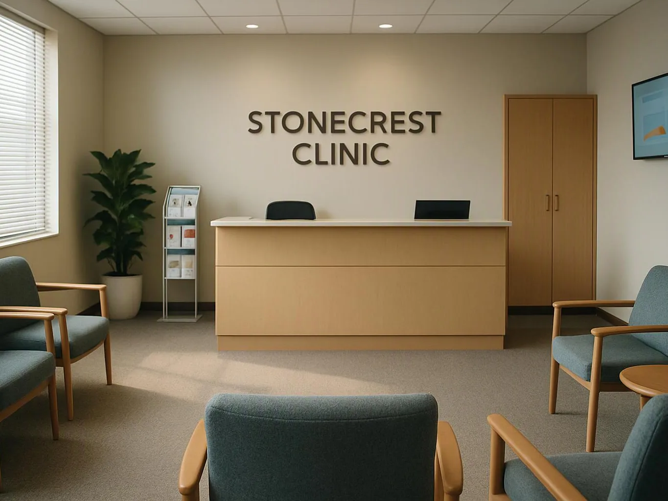 A quiet clinic waiting room has a reception desk, chairs, a plant, and wall text reading “STONECREST CLINIC”