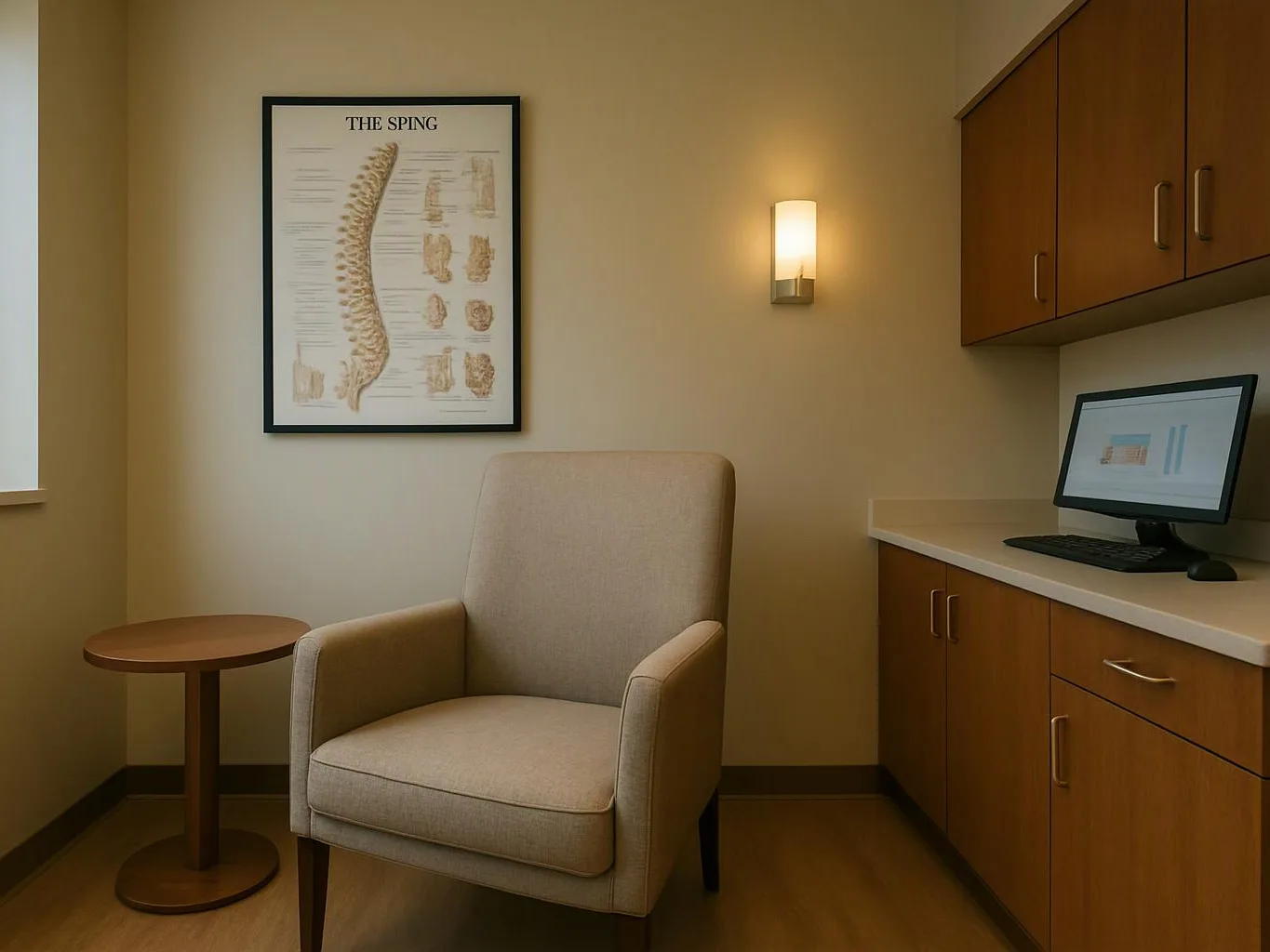A quiet exam room with an armchair, side table, wall chart, cabinets, and a computer on the counter