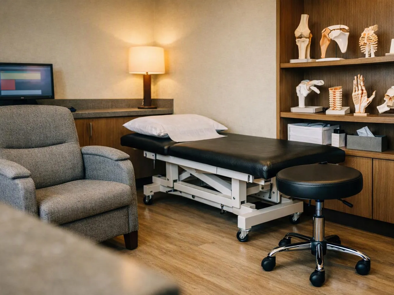 A quiet exam room holds a treatment table, chair, lamp, and shelves of anatomy models