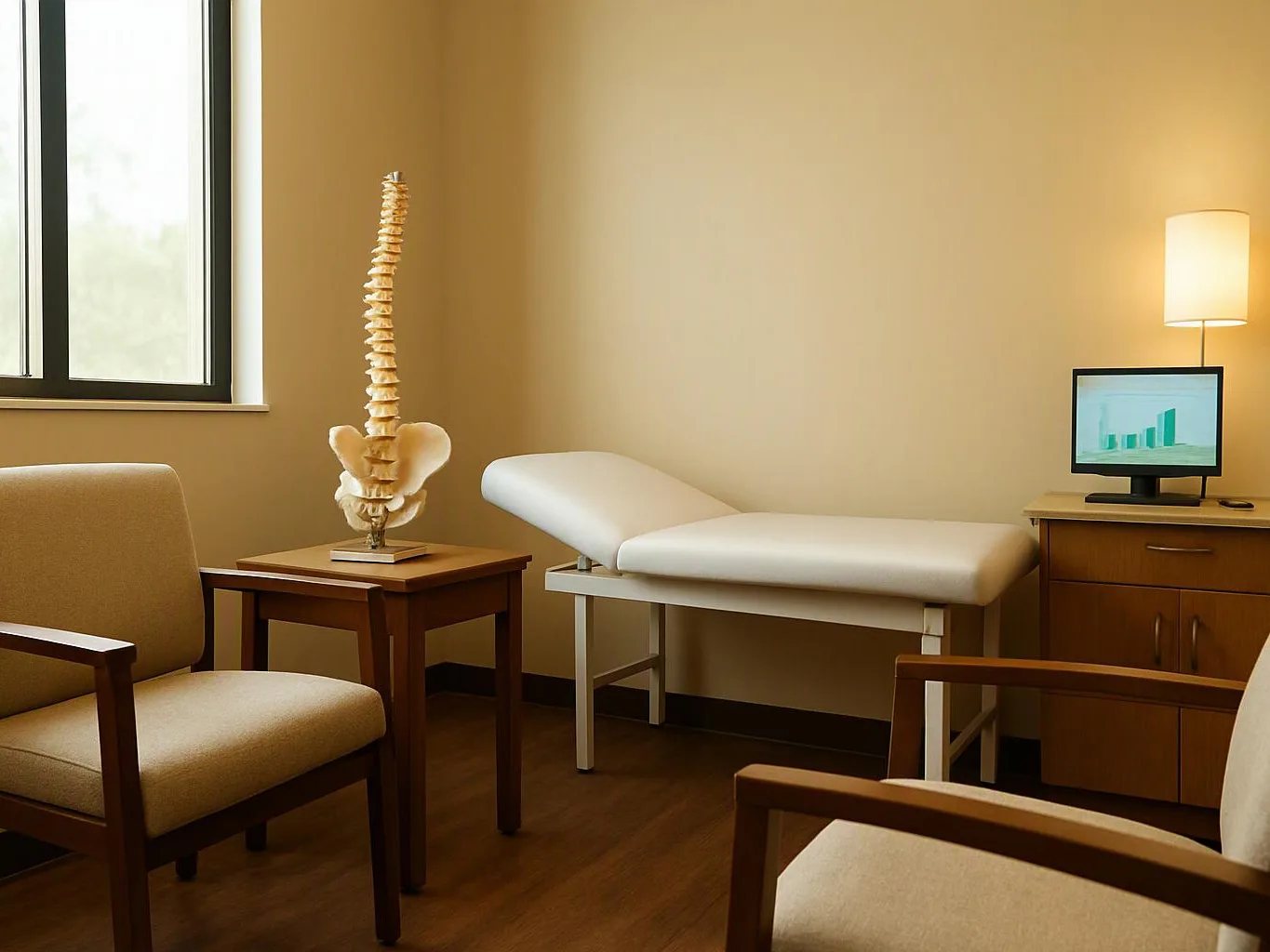 A quiet exam room shows a treatment table, chairs, a spine model, and a small monitor with a chart