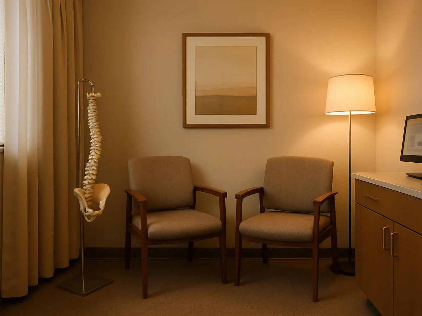 A quiet exam room shows two chairs, a floor lamp, a spine model, and framed wall art