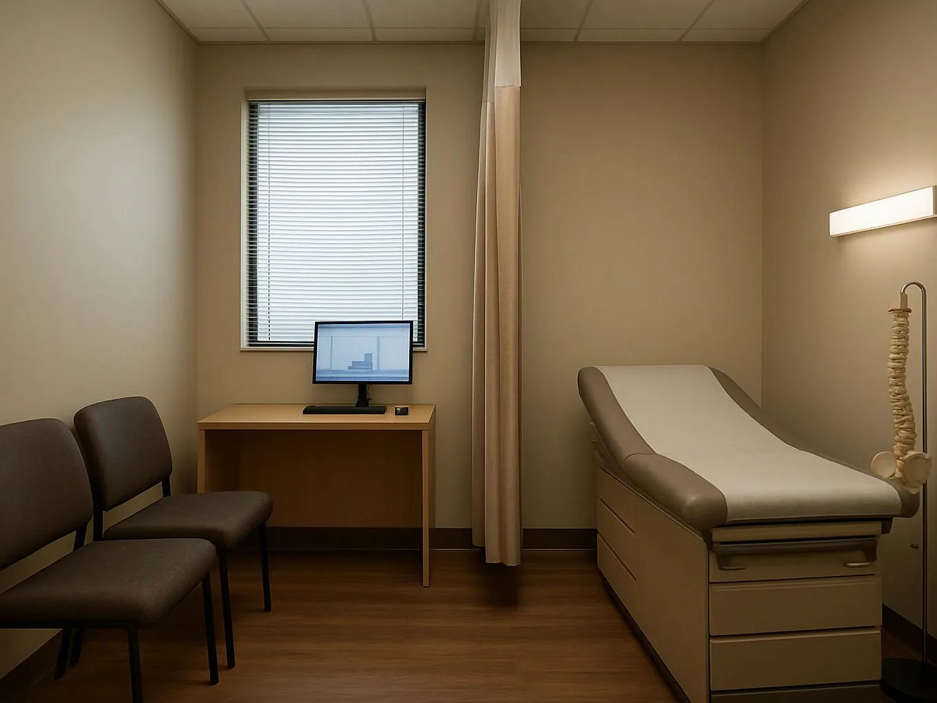 A quiet medical exam room has chairs, a desk with a monitor, and a padded examination table