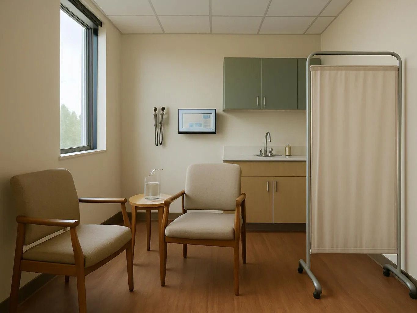 A quiet medical exam room holds two chairs, a small table, cabinets, a sink, and a privacy curtain