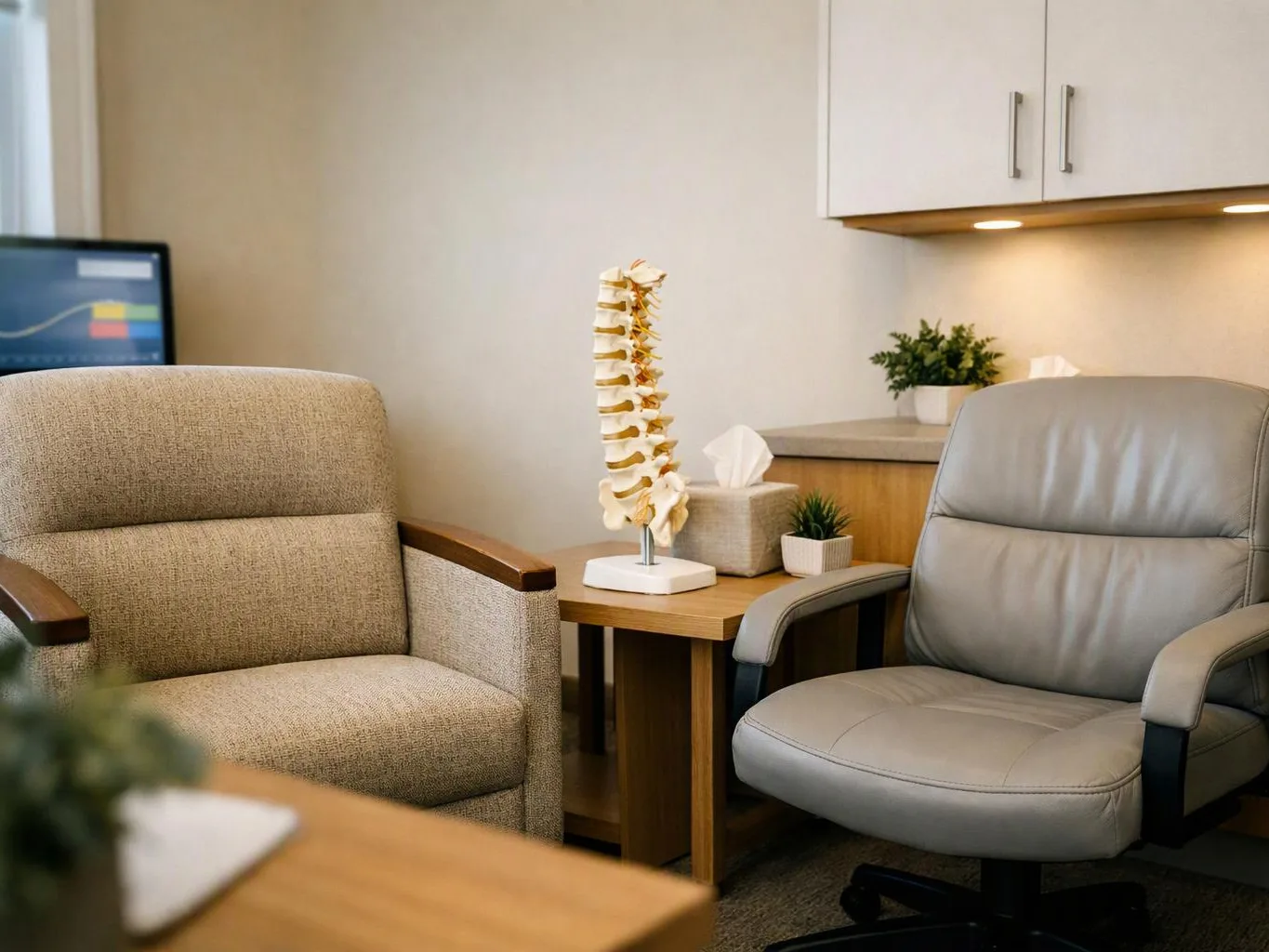 A quiet medical office waiting area shows two chairs, a spine model, a tissue box, and small plants
