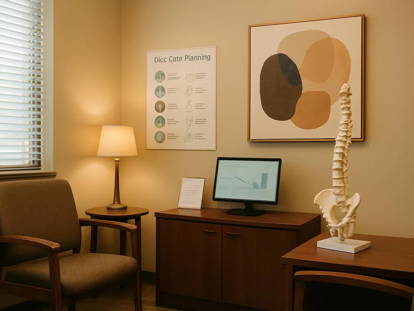 A quiet office with a chair, lamp, desk, monitor, wall art, and a spine model