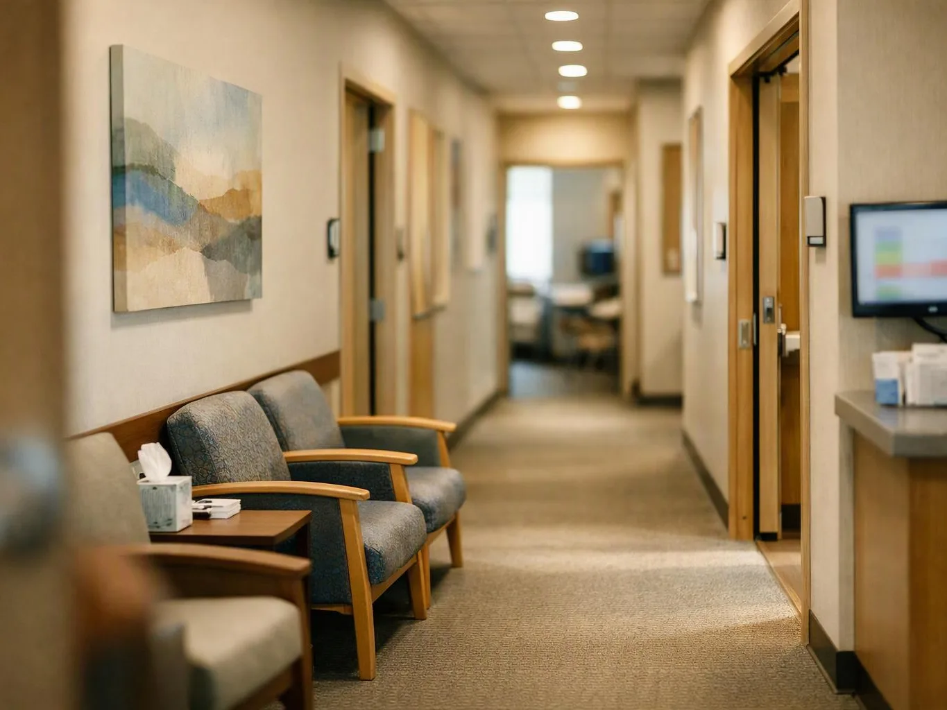 A quiet office hallway with empty chairs, closed doors, wall art, and soft overhead lighting