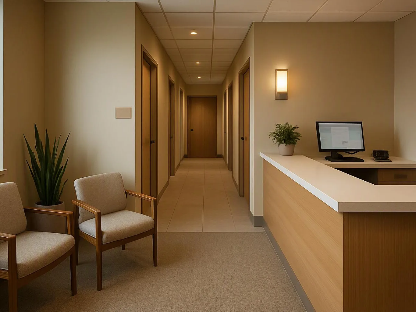 A quiet office hallway shows two chairs, a potted plant, and a reception desk with a computer