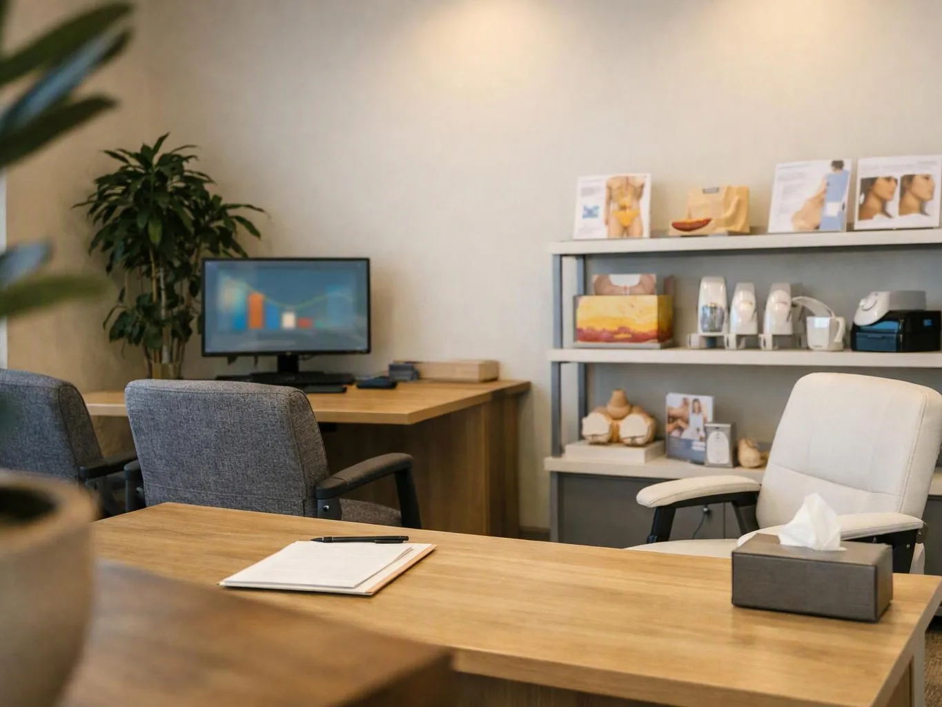 A quiet office room shows desks, chairs, a monitor, a plant, and shelves of small display items