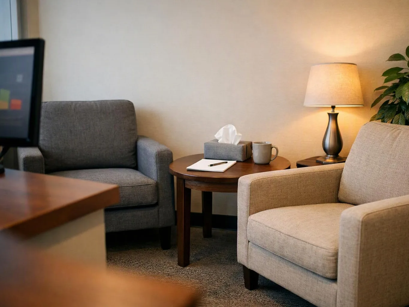 A quiet seating area shows two armchairs, a side table with a lamp, mug, tissues, and notebook