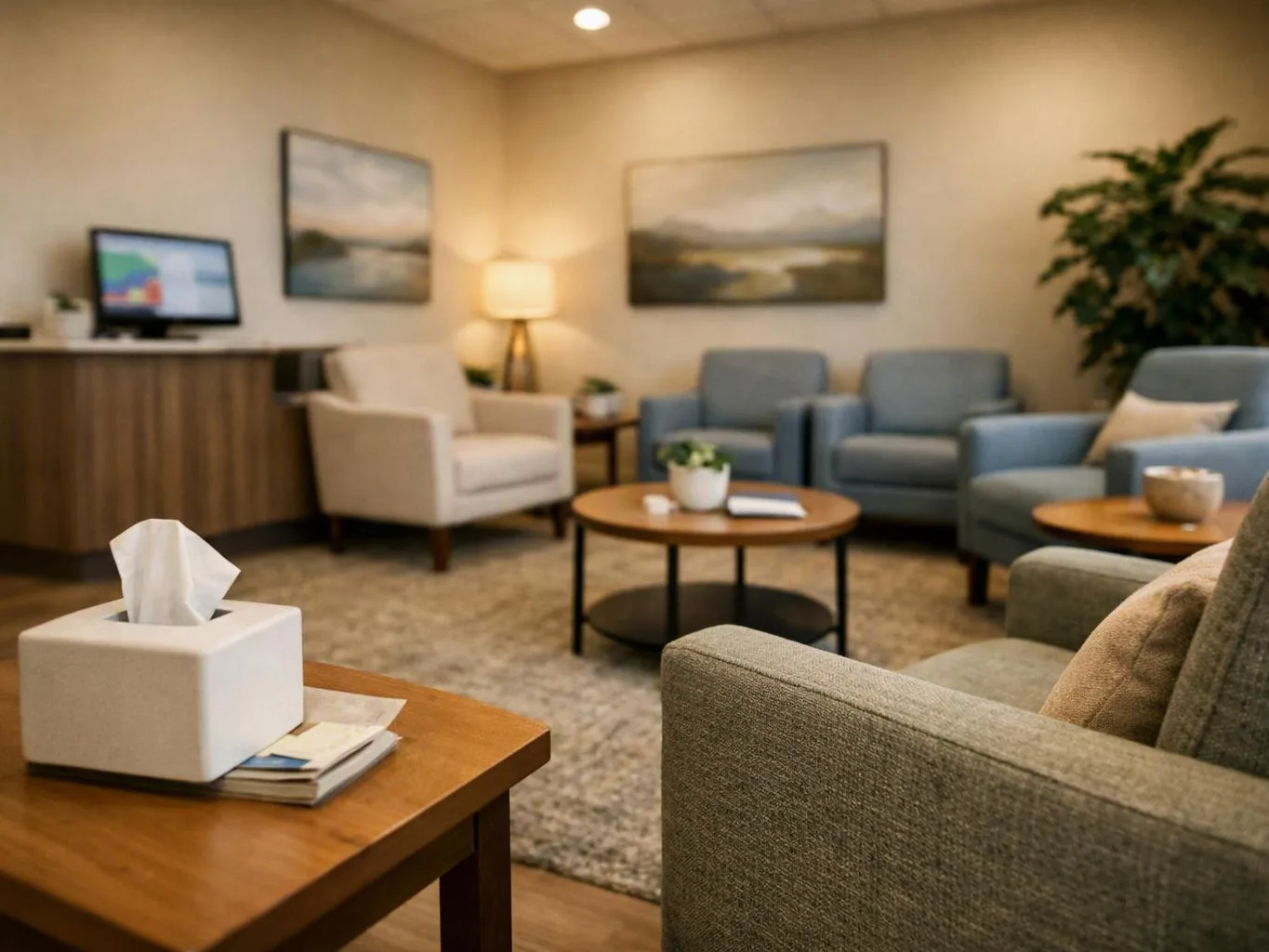 A quiet waiting room shows armchairs, coffee tables, a tissue box, and soft lamp light