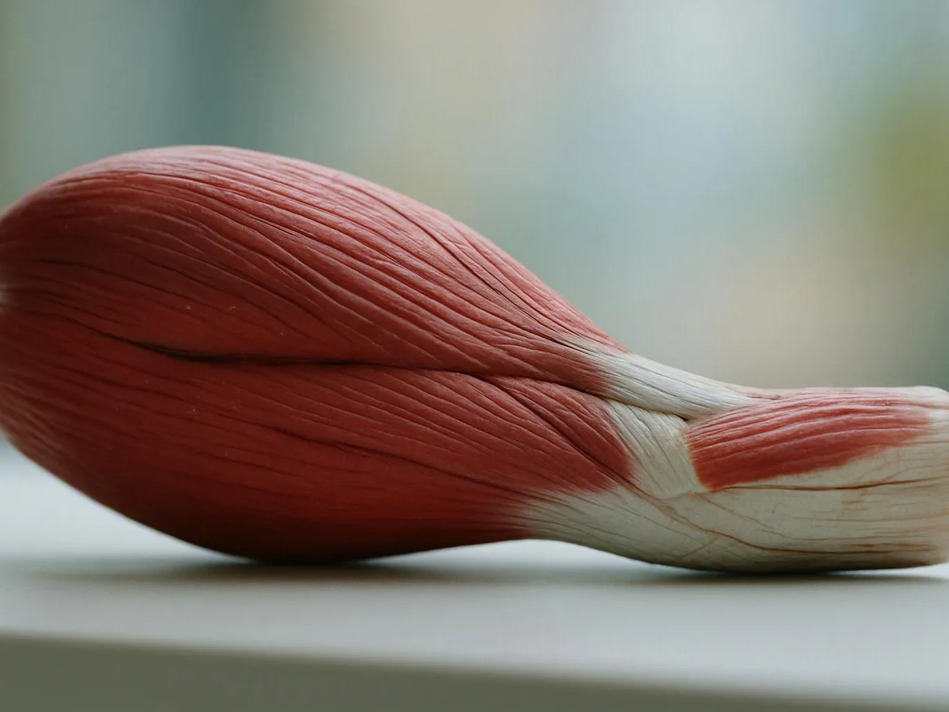 A red and white anatomical muscle model lies on a flat surface with a blurred background