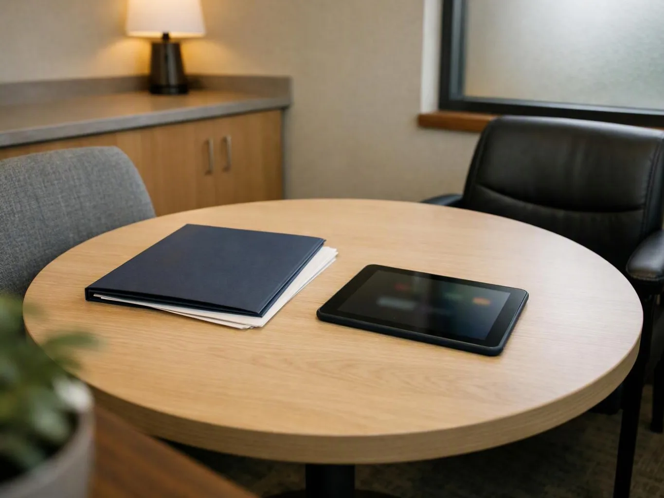 A round meeting table holds a closed folder and a tablet in a quiet office room