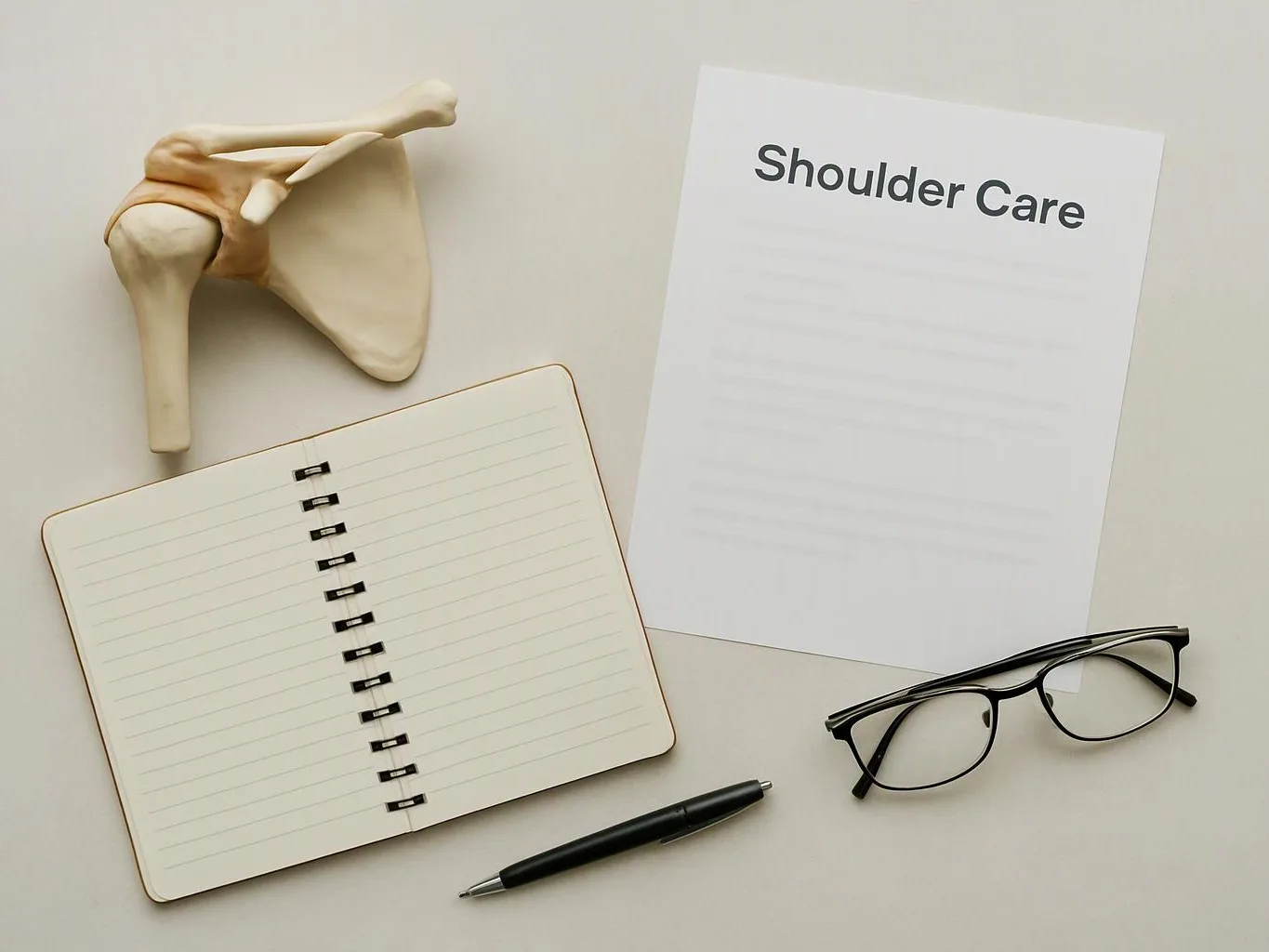 A shoulder joint model, open notebook, pen, glasses, and a paper titled “Shoulder Care” lie on a desk