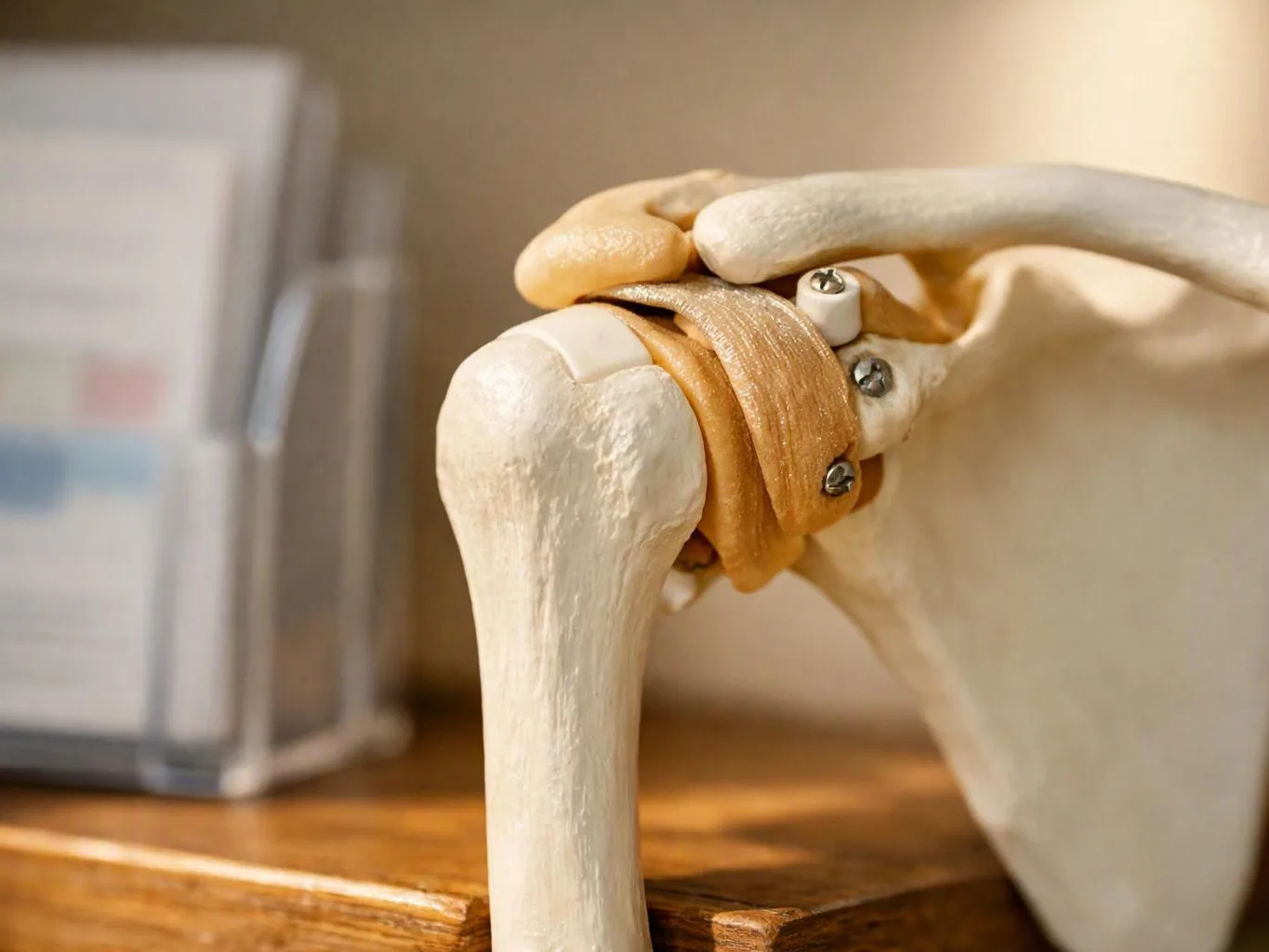 A shoulder joint model sits on a wooden desk beside a blurred document holder