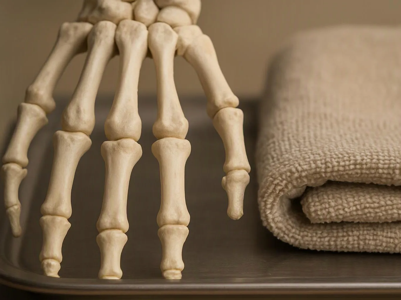 A skeletal hand rests beside a folded beige towel on a tray