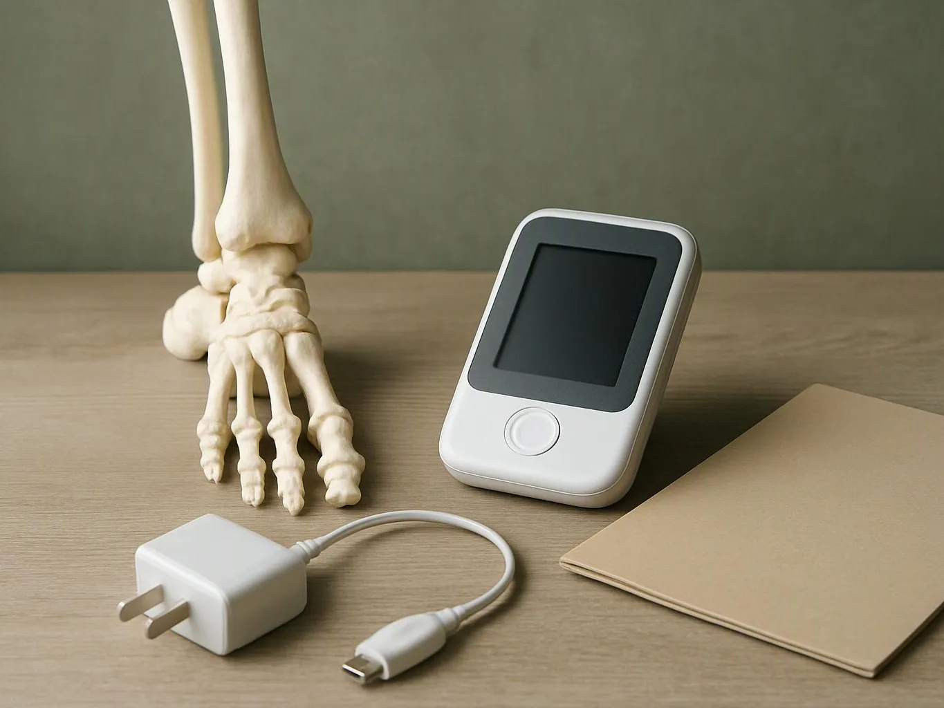 A skeleton foot stands beside a small screen device, charger, and beige folder on a wooden table