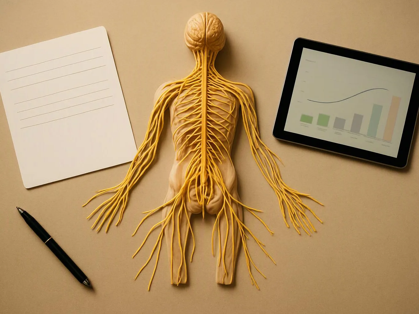 A small anatomical figure with yellow nerve-like strands lies beside a blank notepad, pen, and tablet with a chart