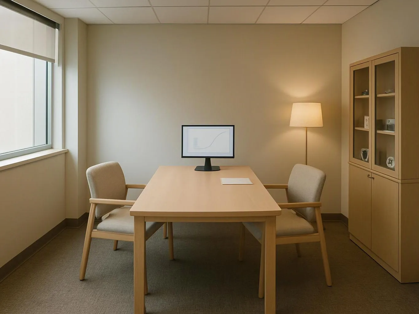A small beige office room has two chairs, a desk with a monitor, a floor lamp, and a cabinet