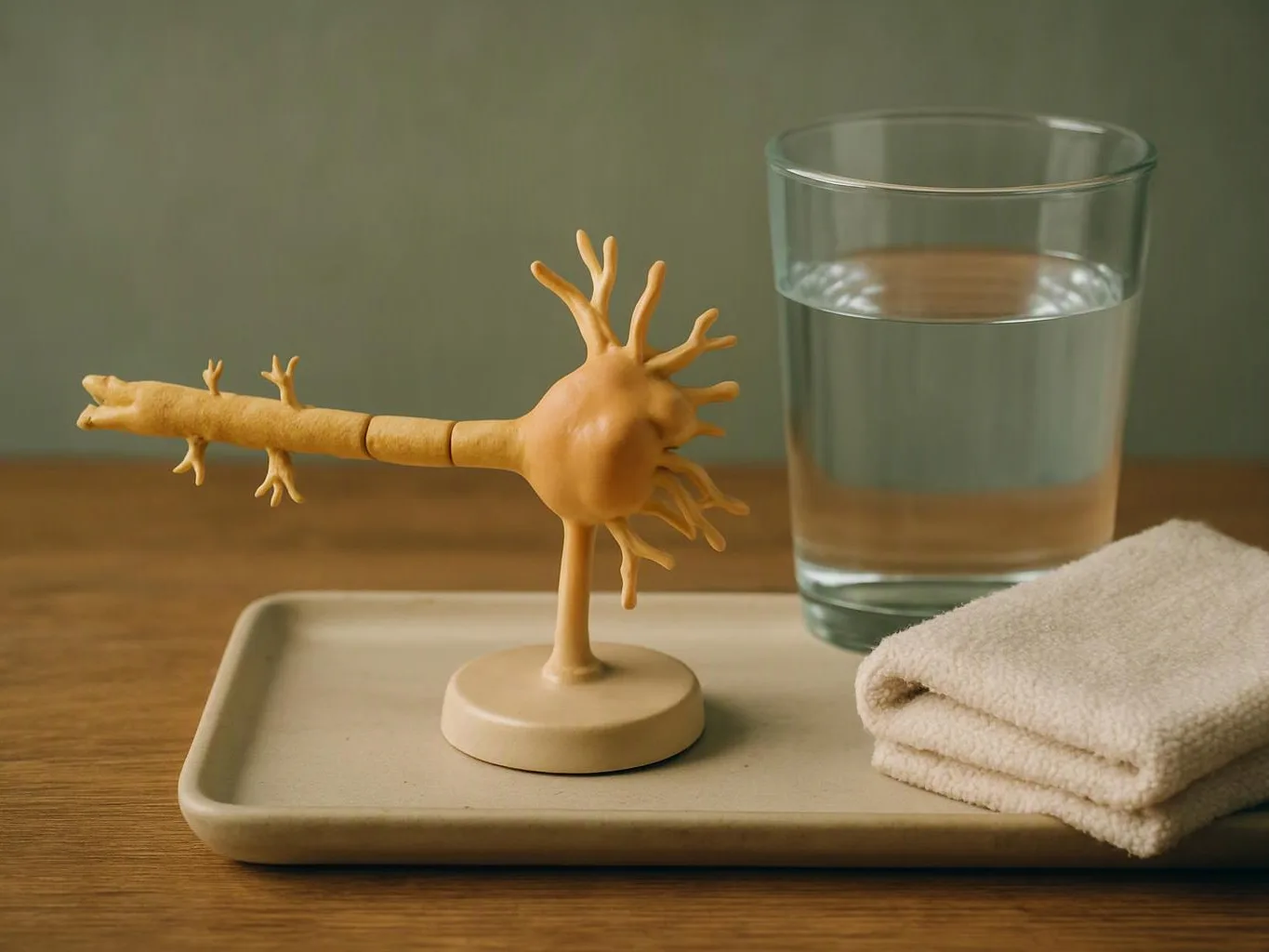 A small neuron model stands on a tray beside a glass of water and a folded towel