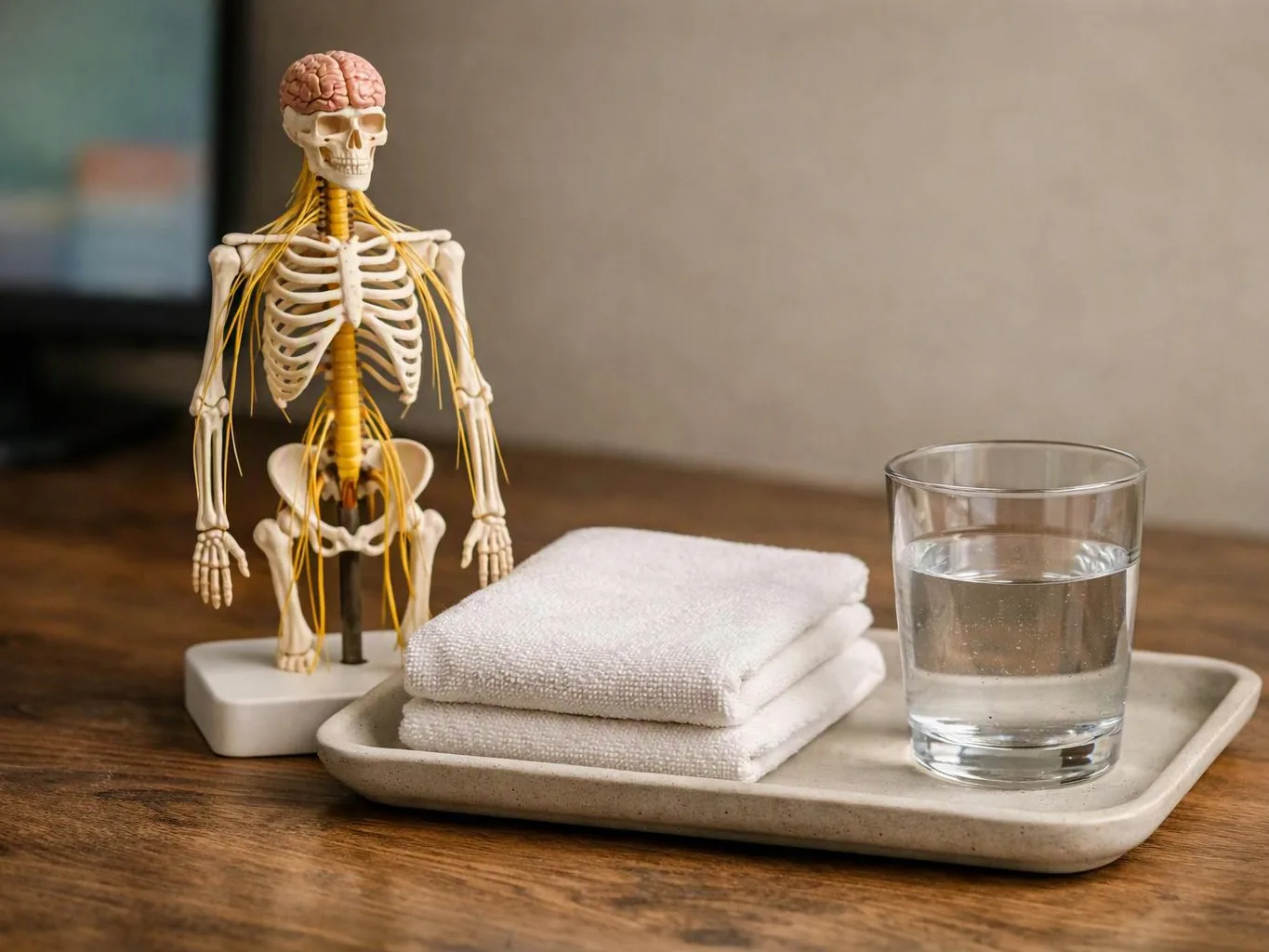 A small skeleton model stands beside folded white towels and a glass of water on a tray on a wooden table
