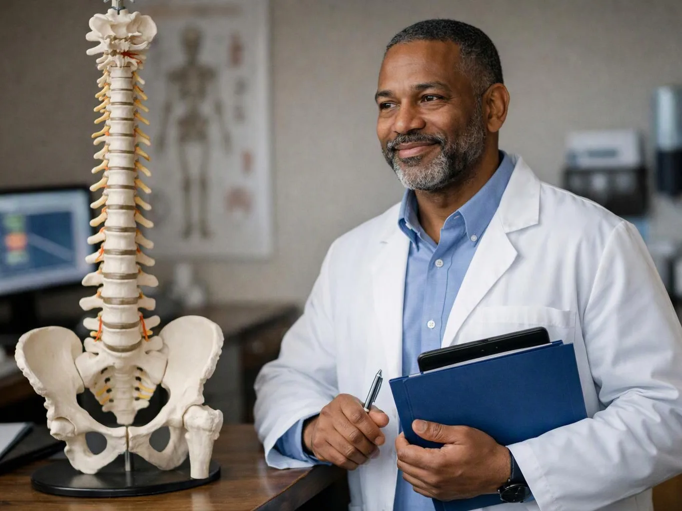 A smiling doctor holds a clipboard beside a spine model in a medical office