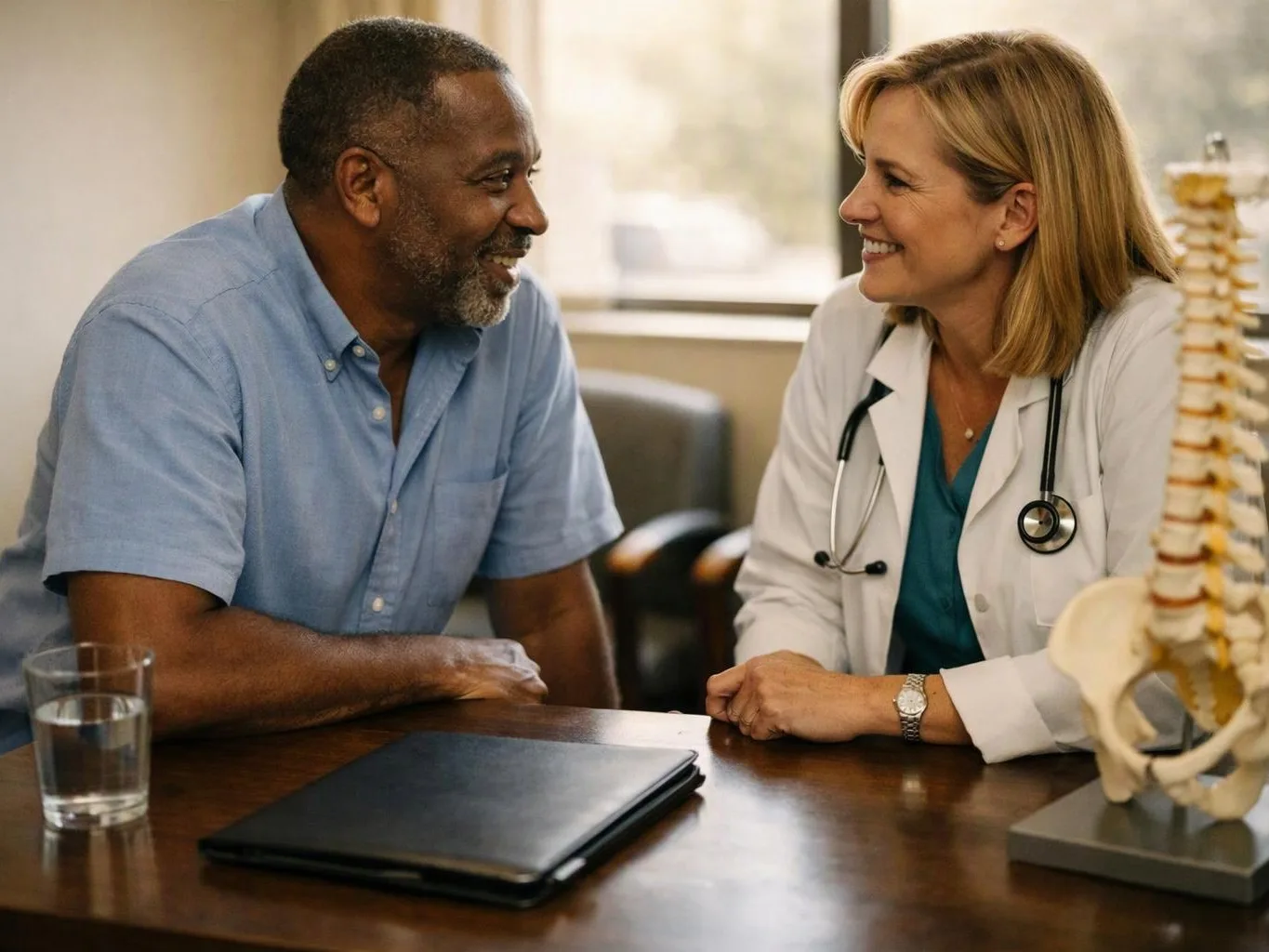A smiling doctor and patient talk across a desk in a clinic, with a spine model and laptop nearby