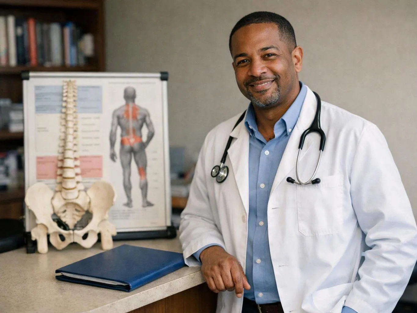 A smiling doctor in a white coat stands beside a spine model and anatomy chart in an office