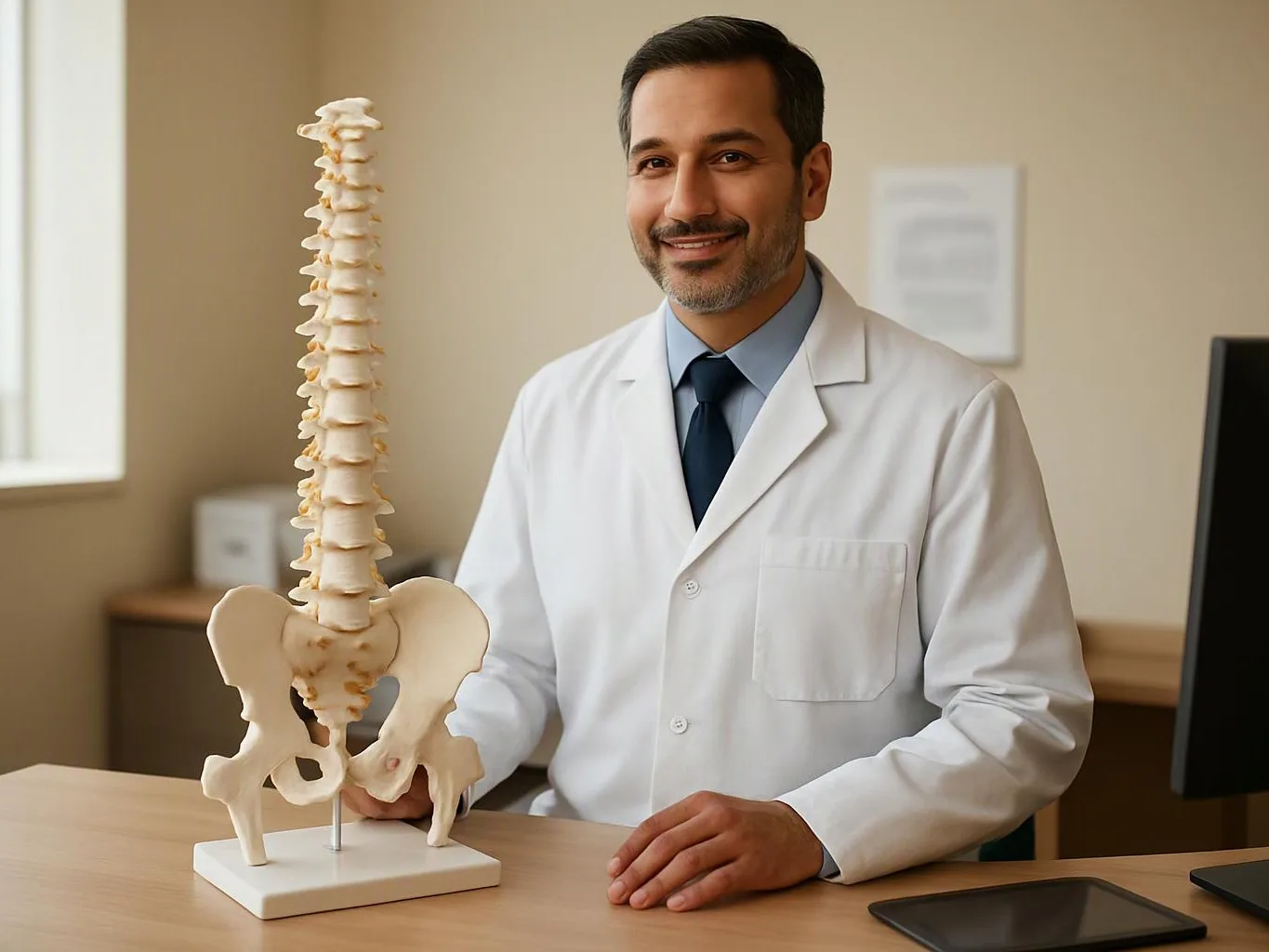 A smiling doctor in a white coat stands beside a spine model in a clinic office