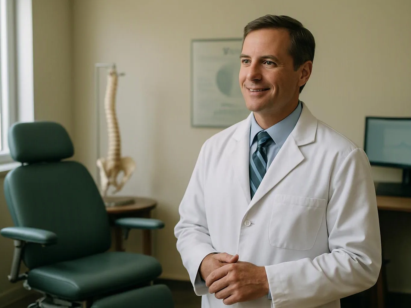 A smiling doctor in a white coat stands in an exam room beside an empty green chair