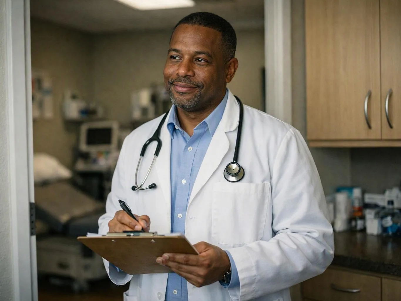 A smiling doctor in a white coat writes on a clipboard in a clinic exam room