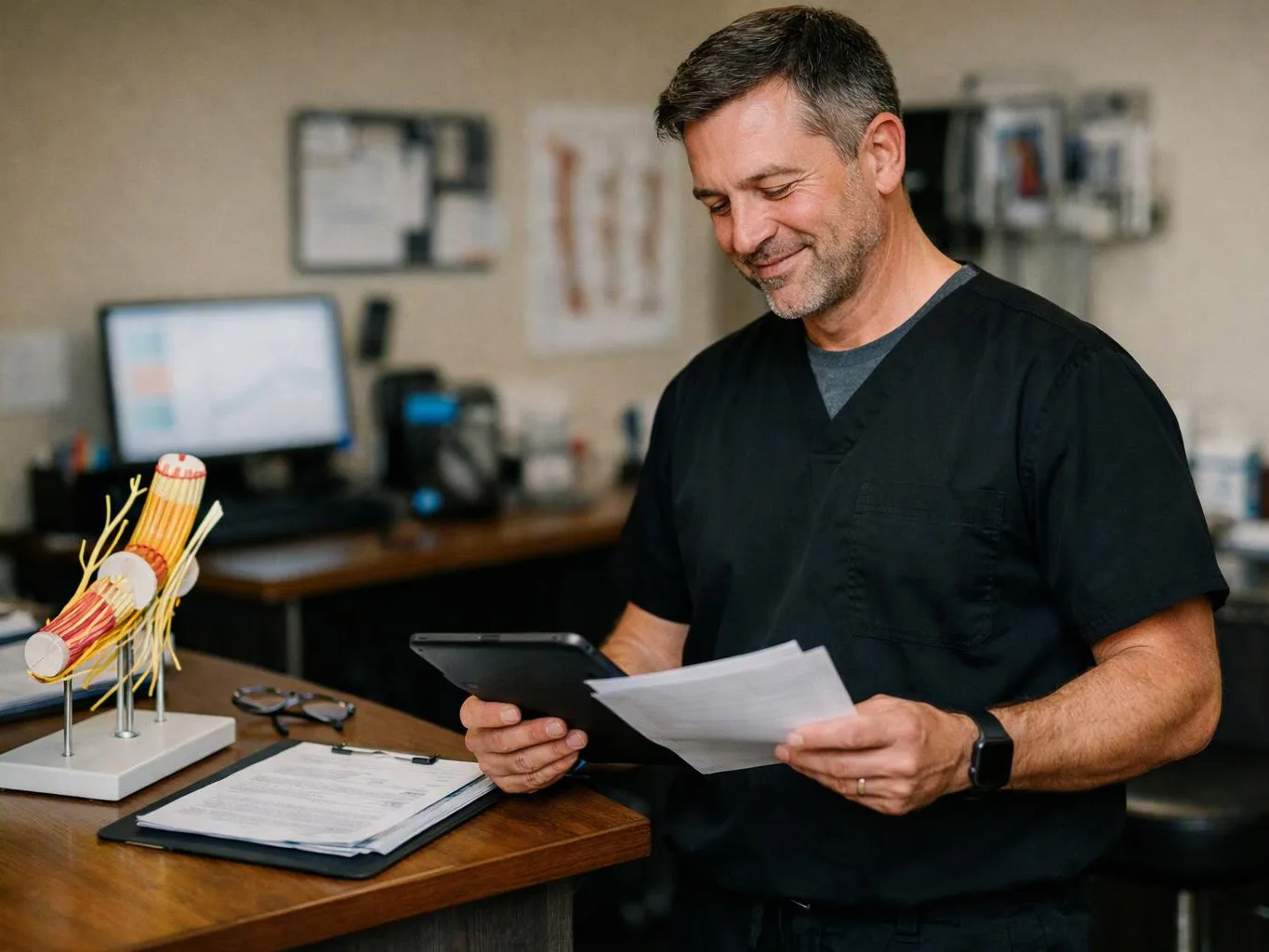 A smiling man in black scrubs checks papers and a tablet beside an anatomical model in a clinic office