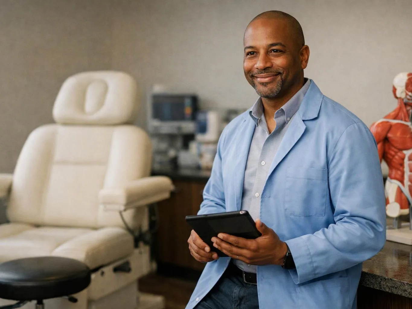 A smiling man in a blue coat holds a tablet beside an exam chair in a medical room