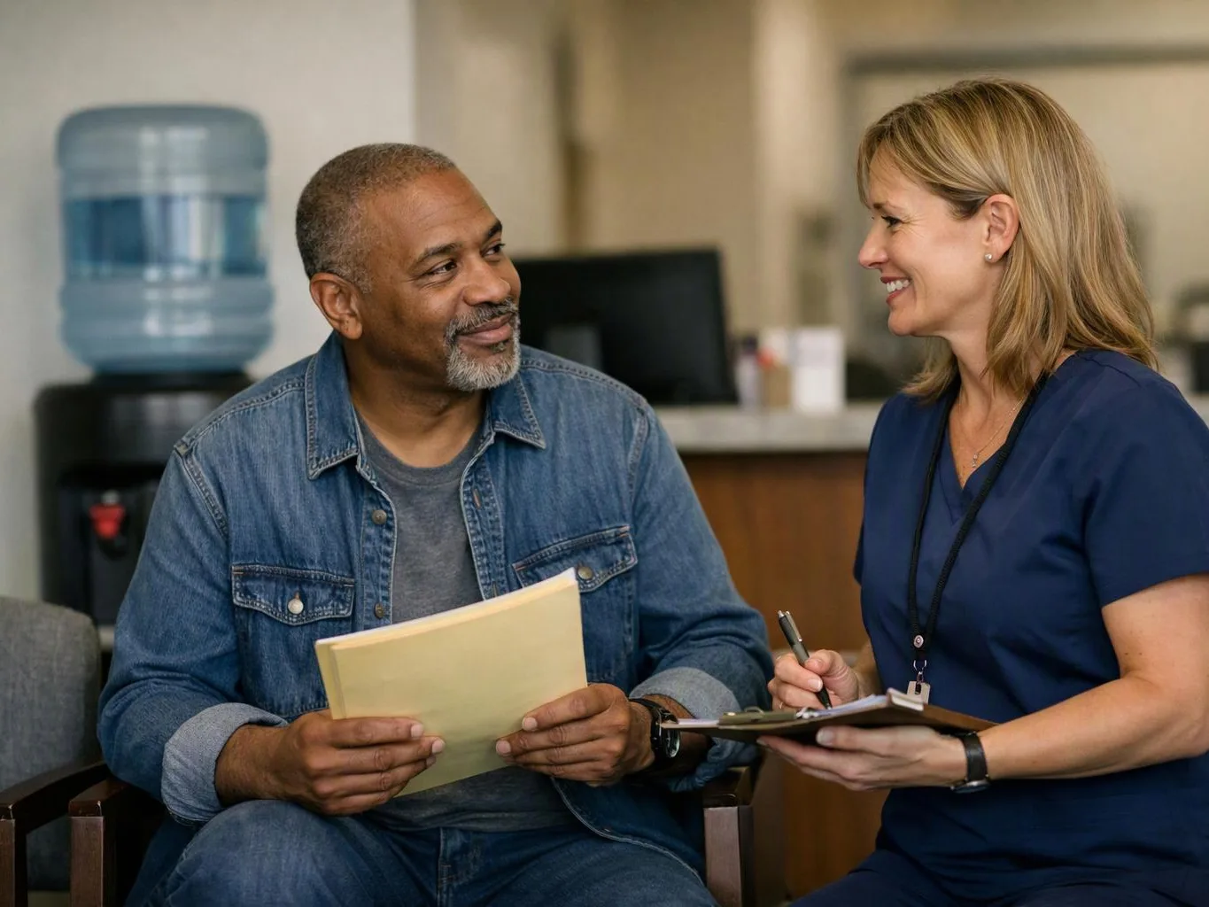 A smiling man holds papers while a woman in scrubs writes on a clipboard in an office waiting area
