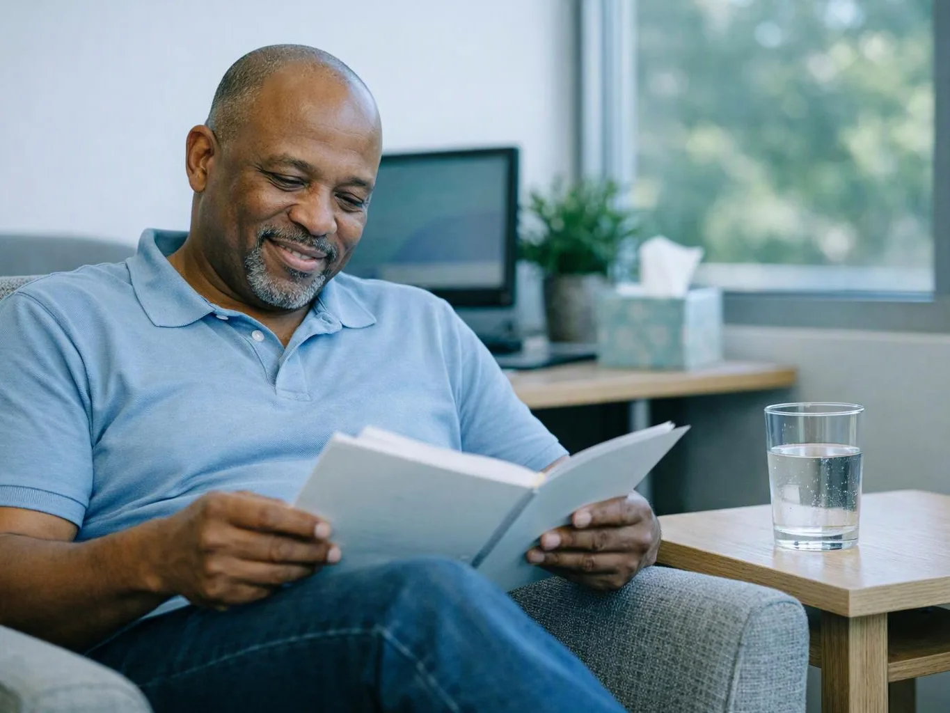 A smiling man reads a book in a bright office lounge, with a glass of water beside him