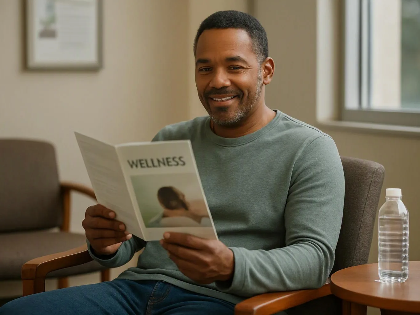 A smiling man sits in a chair, reading a wellness booklet beside a water bottle in a bright room