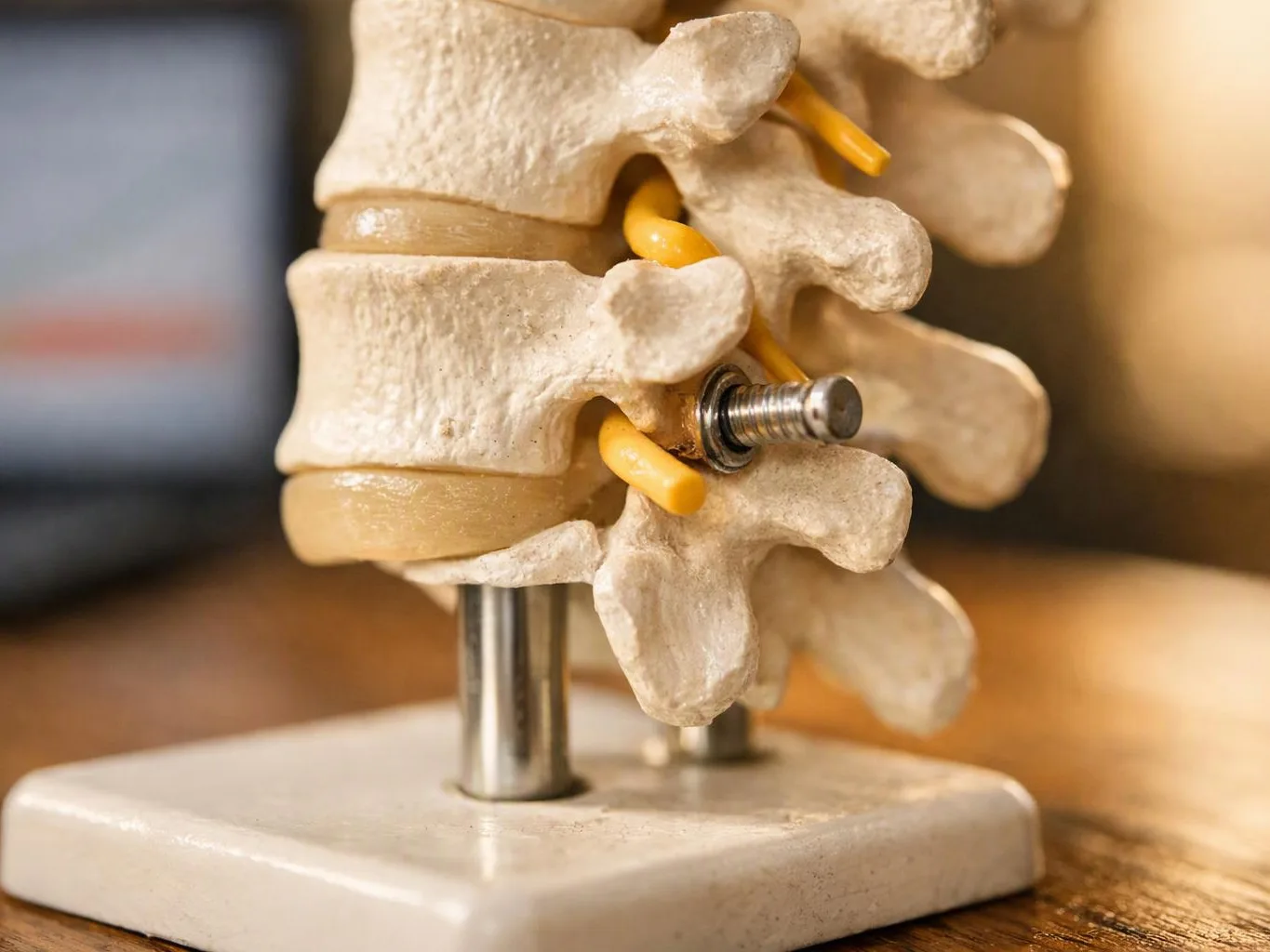 A spinal model shows vertebrae with a metal screw and yellow nerve-like parts on a stand