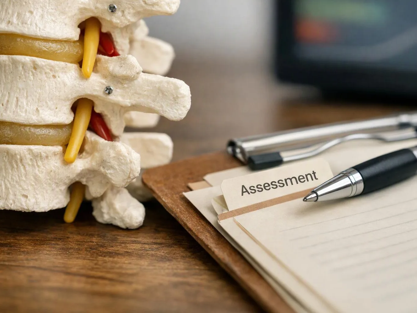 A spine model sits beside a notepad with an "Assessment" tab and a pen on a desk