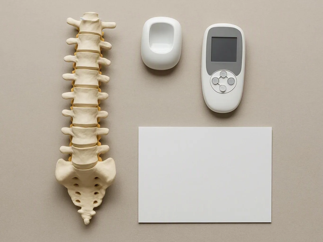A spine model, a small remote, a white device, and a blank card rest on a beige surface