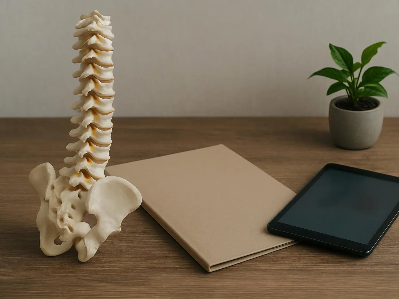 A spine model stands beside a beige folder, a tablet, and a small potted plant on a wooden desk